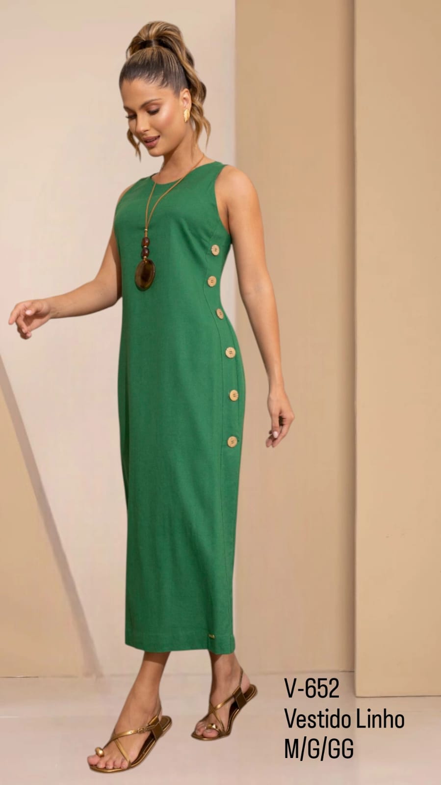 VESTIDO LINHO BOTOES LATERAIS