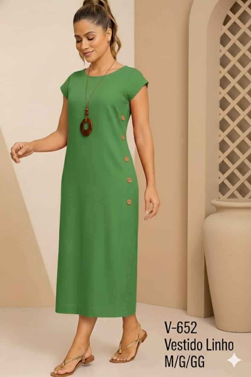 VESTIDO LINHO BOTÕES LATERAL - LAURA